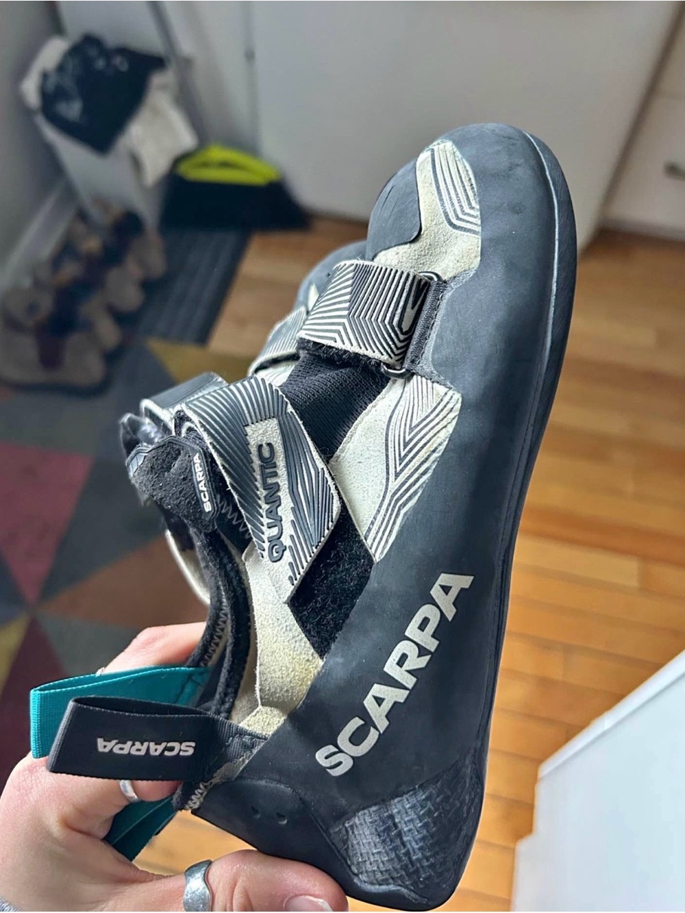 Scarpa Quantic Gray and Black Climbing Shoe with Teal Loop